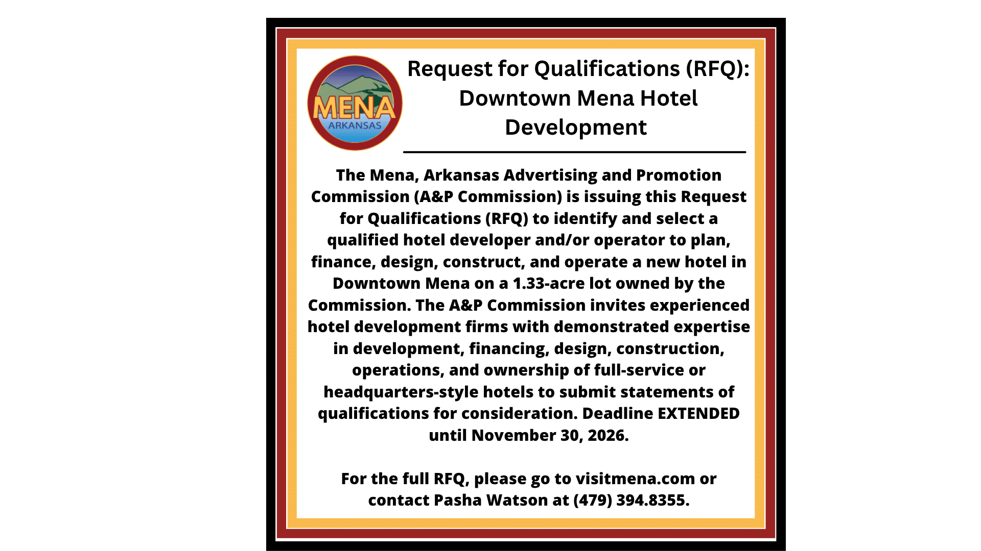 RFQ notice from MENA Arkansas about Downtown Mena Hotel Development, inviting qualified developers to submit qualifications and follow-up details (deadline Nov. 30, 2026). The poster includes the MENA Arkansas logo and official formatting.