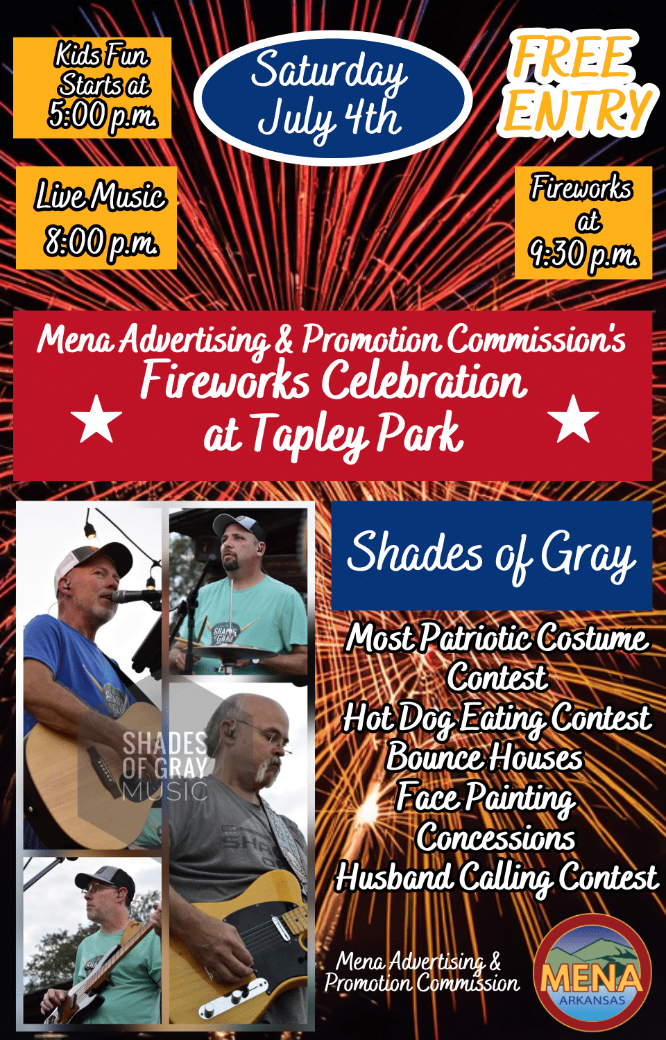 Event poster for Mena's Fireworks Celebration at Tapley Park with free entry, July 4th fireworks, live music, and family activities.