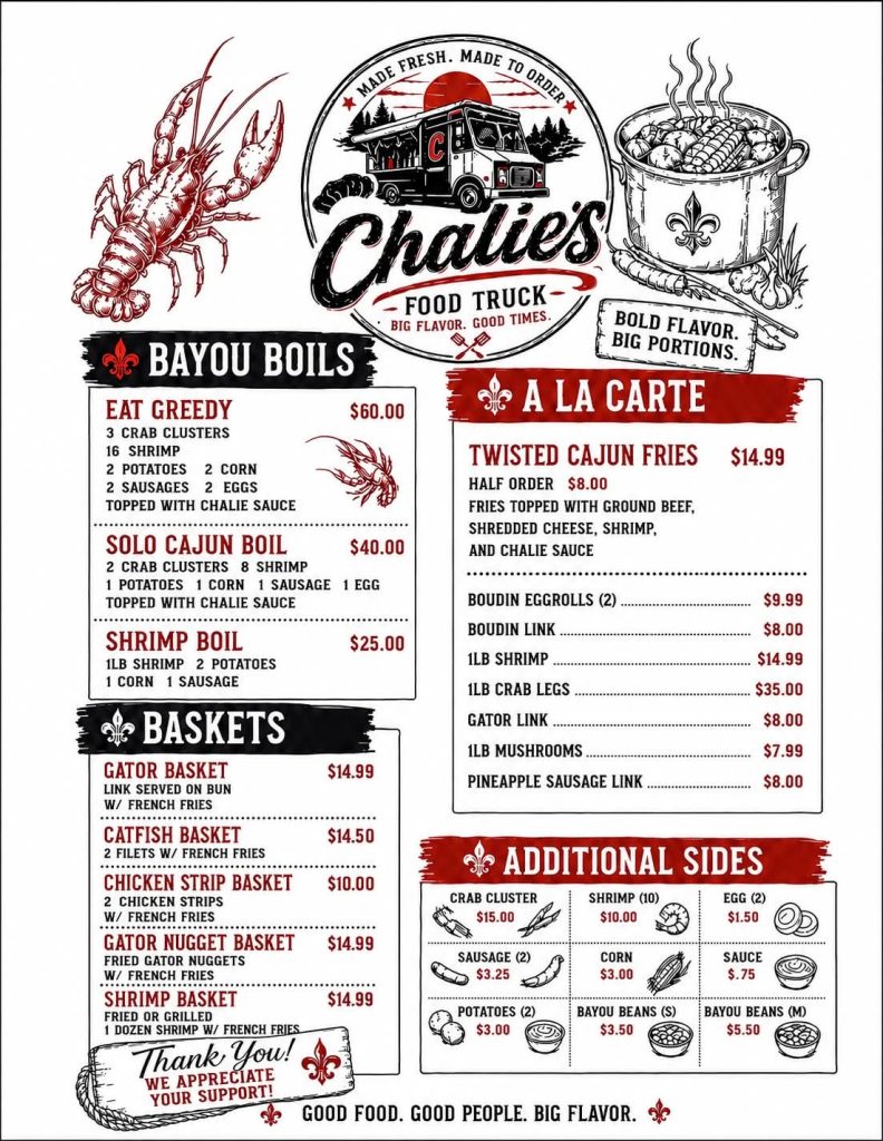 Charlie's Food Truck menu poster with Cajun dishes, a cooking pot on the right, and a lobster illustration on the left (black, red, and white design).